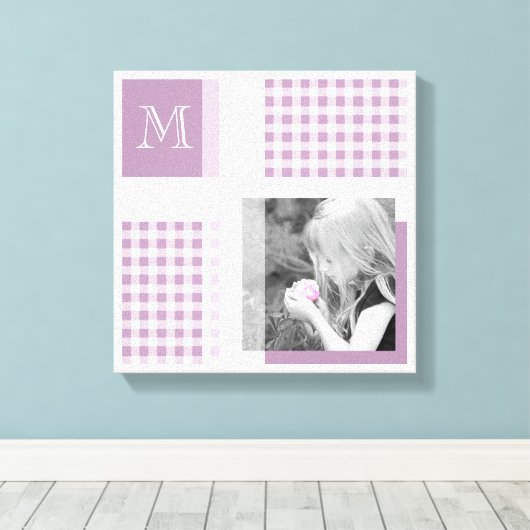 Lavender Voeg je foto Gingham Modern Monogram toe Canvas Afdruk (Insitu (Houten vloer))