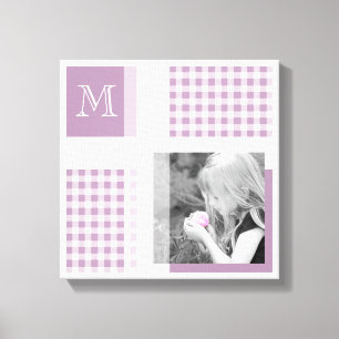 Lavender Voeg je foto Gingham Modern Monogram toe Canvas Afdruk
