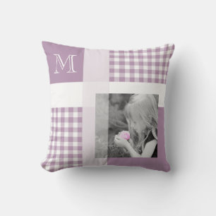 Lavender Voeg je foto Gingham Modern Monogram toe Kussen