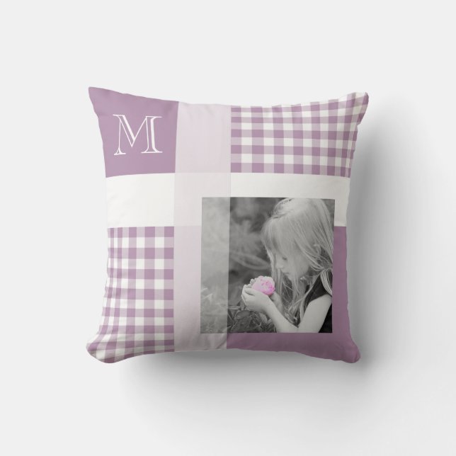 Lavender Voeg je foto Gingham Modern Monogram toe Kussen (Voorkant)