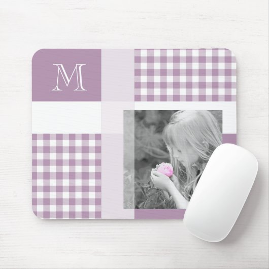 Lavender Voeg je foto Gingham Modern Monogram toe Muismat (Met muis)