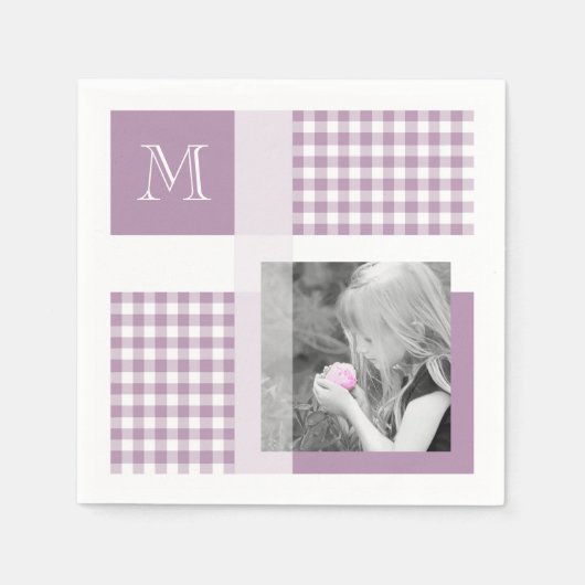 Lavender Voeg je foto Gingham Modern Monogram toe Servet (Voorkant)