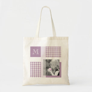 Lavender Voeg je foto Gingham Modern Monogram toe Tote Bag
