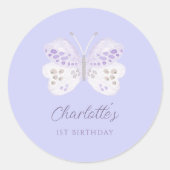 Lavender Watercolor Butterfly 1st Birthday Party Ronde Sticker (Voorkant)