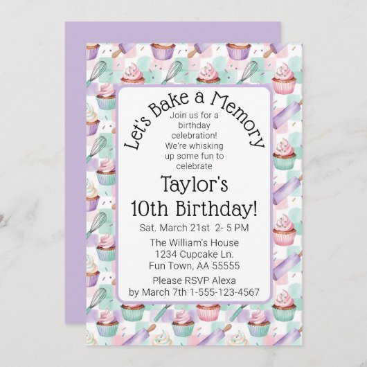 Lavender Watercolor Cupcake Baking Birthday Party Kaart (Voorkant / Achterkant)