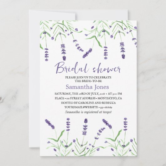Lavender Watercolor Flowers Purple Bridal Shower  Kaart (Voorkant)