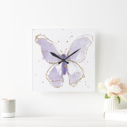 Lavender Waterverf Butterfly Vierkante Klok (Huis)