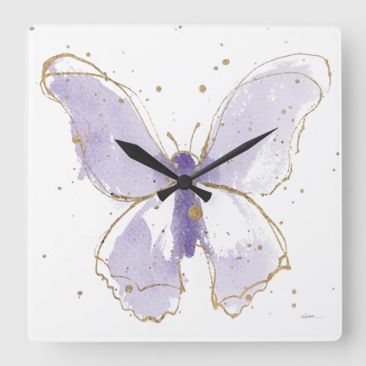 Lavender Waterverf Butterfly Vierkante Klok (Voorkant)
