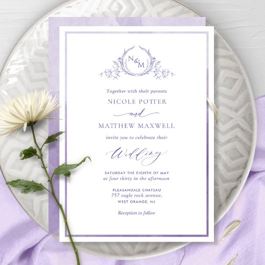 Lavender, Waterverf Elegant Monogram Wedding Kaart