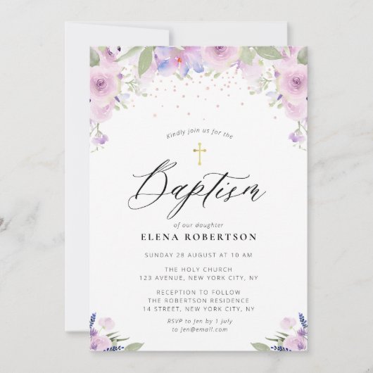 lavender waterverf florale baptisme - uitnodiging (Voorkant)