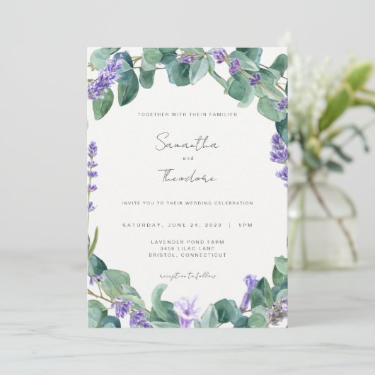 Lavender Wedding Invitation Greenery Paarse Modern Kaart (Staand voorkant)