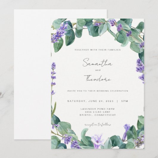Lavender Wedding Invitation Greenery Paarse Modern Kaart (Voorkant / Achterkant)