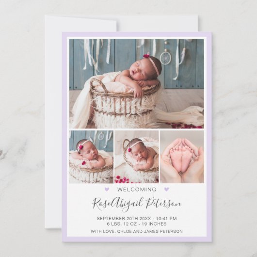 Lavender Welcome Baby Stats Newborn Girl Birth Aankondiging (Voorkant)