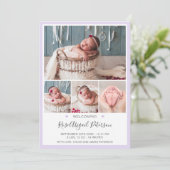 Lavender Welcome Baby Stats Newborn Girl Birth Aankondiging (Staand voorkant)