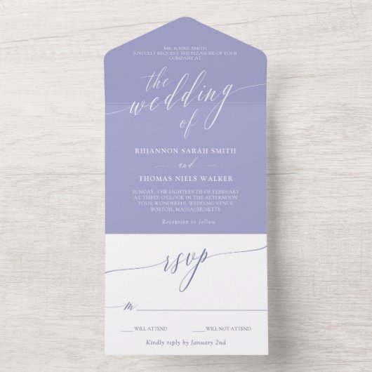 Lavender White Delicate Calligraphy Wedding All In One Uitnodiging (Binnen)