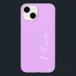 Lavender White Elegant Calligraphy Script Name Case-Mate iPhone 14 Hoesje<br><div class="desc">De Gevallen van de Slimme Telefoon iPhone 14 van het Manuscript van de Aangepaste Aangepaste Aangepaste van de Calligrafie van de Lavender Elegant Wit van de Calligrafie kenmerkt een modern en trendy eenvoudig en stijlvol ontwerp met uw gepersonaliseerde naam in elegante hand geschreven kalligrafiekmanuscript typografie op een lavender achtergrond. Ontworpen...</div>