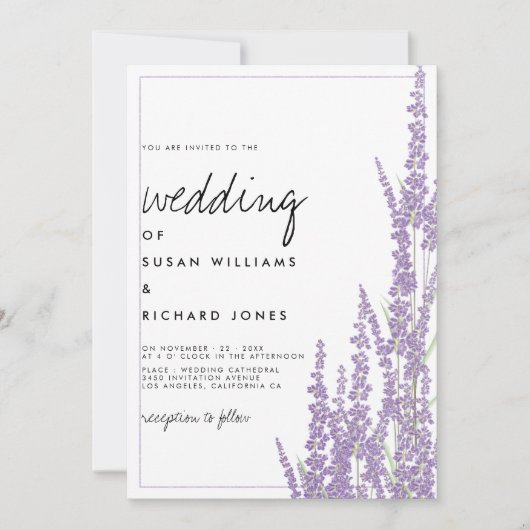 Lavender White handgeschreven script florale bruil Kaart (Voorkant)