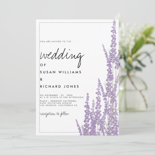Lavender White handgeschreven script florale bruil Kaart (Staand voorkant)
