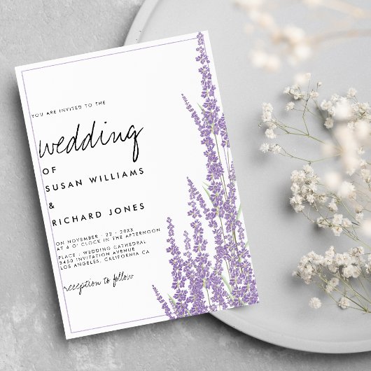 Lavender White handgeschreven script florale bruil Kaart
