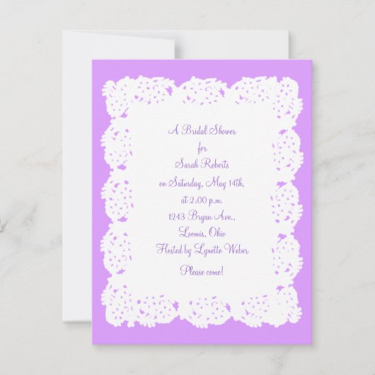 Lavender White Lace Doily Bridal Shower Invitation Kaart (Voorkant)