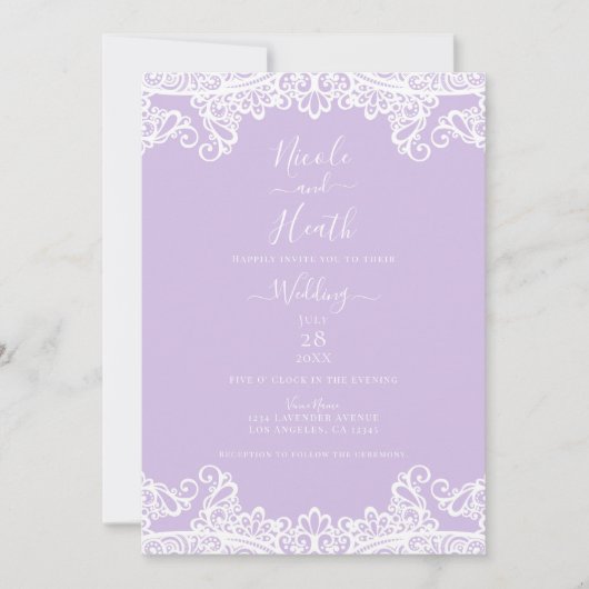 Lavender & White Lace Elegant Wedding Kaart (Voorkant)