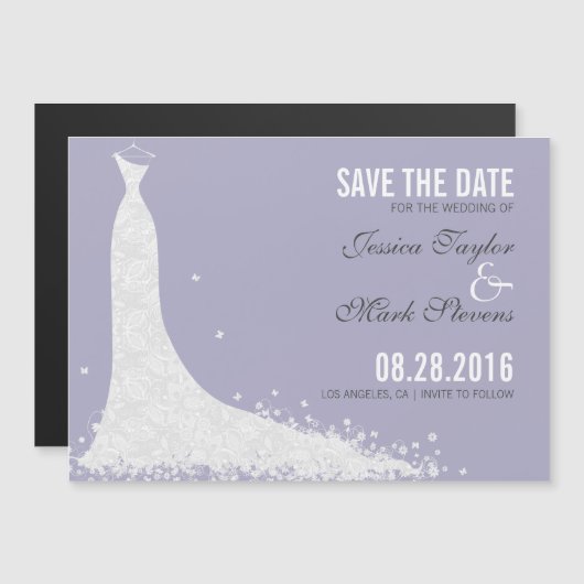 Lavender & White Lace Wedding Dress Save the Date Magnetische Uitnodiging (Voorkant / Achterkant)