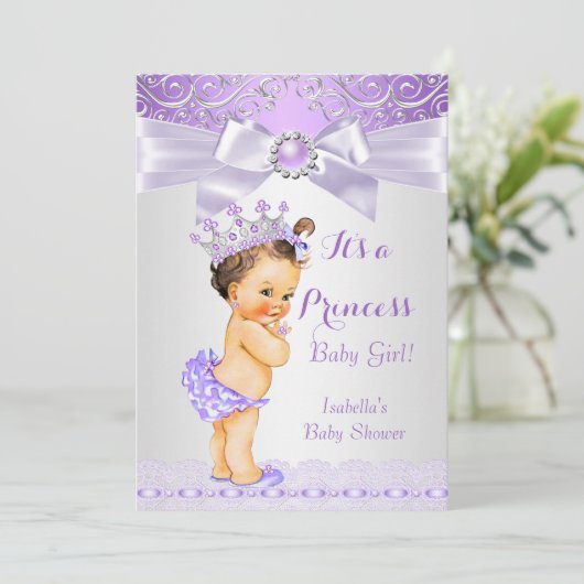 Lavender White Lila Prinses Baby shower Brunette Kaart (Staand voorkant)