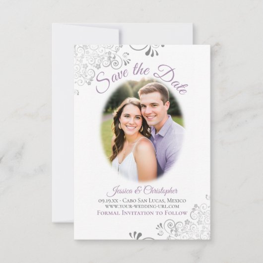 Lavender & White Simple Elegant Weddenschap Oval F Save The Date (Voorkant)