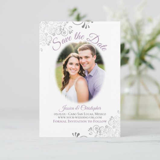 Lavender & White Simple Elegant Weddenschap Oval F Save The Date (Staand voorkant)