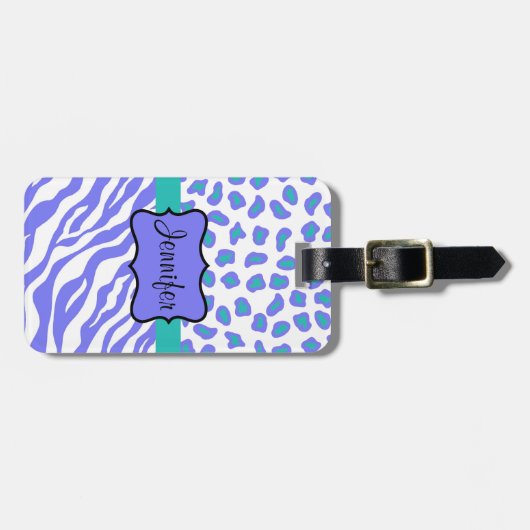 Lavender, White & TealvZebra & Cheeta Aangepast Bagagelabel (Voorkant horizontaal)
