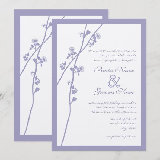 Lavender Wild Flower Branch Wedding Invites Kaart (Voorkant / Achterkant)