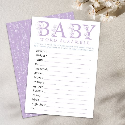 Lavender Wildflower Baby Shower Word Game Card Informatiekaartje