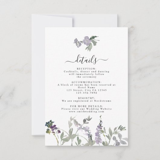 Lavender Wildflower Greenery Wedding Details Kaart (Voorkant)