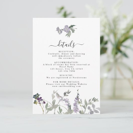 Lavender Wildflower Greenery Wedding Details Kaart (Staand voorkant)