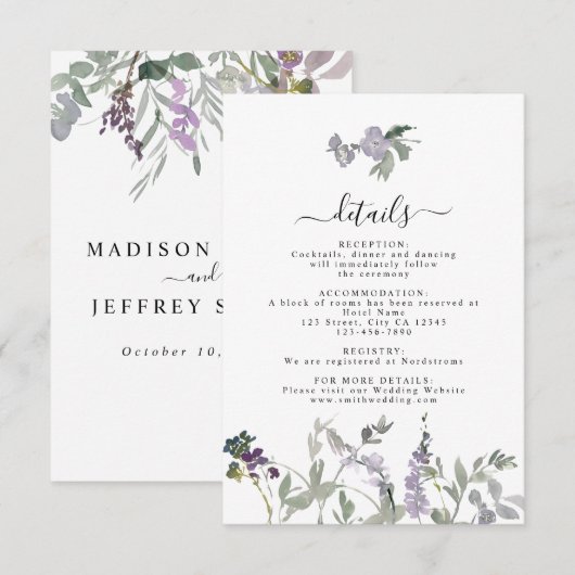 Lavender Wildflower Greenery Wedding Details Kaart (Voorkant / Achterkant)