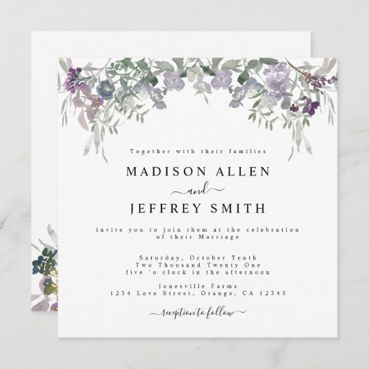 Lavender Wildflower & Greenery Wedding Invitation Aankondiging (Voorkant / Achterkant)