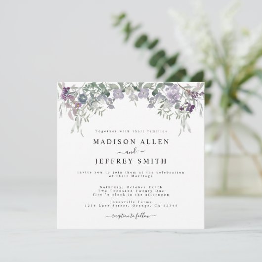 Lavender Wildflower & Greenery Wedding Invitation Aankondiging (Staand voorkant)