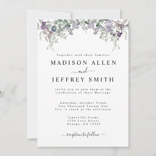 Lavender Wildflower & Greenery Wedding Invitation Aankondiging (Voorkant)