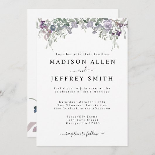 Lavender Wildflower & Greenery Wedding Invitation Aankondiging (Voorkant / Achterkant)