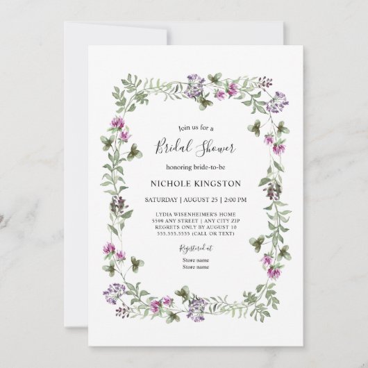 Lavender Wildflower Lijst Bridal Shower Invitation Kaart (Voorkant)