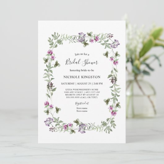 Lavender Wildflower Lijst Bridal Shower Invitation Kaart (Staand voorkant)