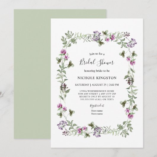 Lavender Wildflower Lijst Bridal Shower Invitation Kaart (Voorkant / Achterkant)