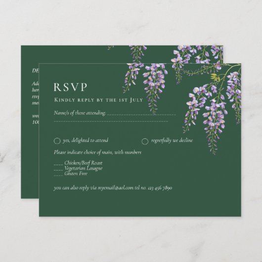 Lavender WISTERIA Emerald Green All-in-1 Wedding Briefkaart (Voorkant / Achterkant)