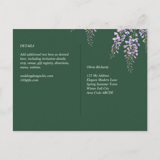 Lavender WISTERIA Emerald Green All-in-1 Wedding Briefkaart (Achterkant)