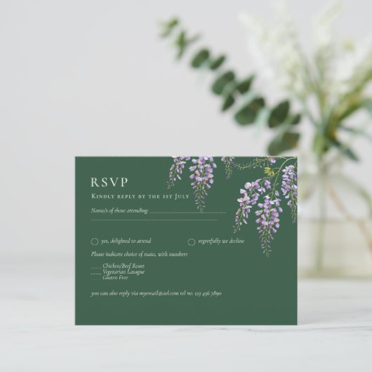 Lavender WISTERIA Emerald Green All-in-1 Wedding Briefkaart (Staand voorkant)