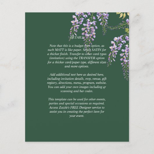 Lavender WISTERIA Emerald Green All-in-1 Wedding Flyer (Achterkant)