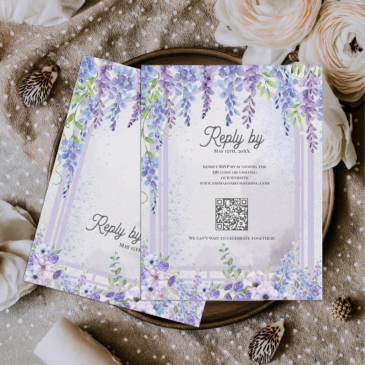 Lavender Wisteria Floral Arch QR Code Wedding RSVP Kaartje
