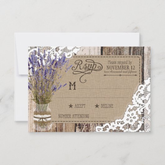 Lavender Wood Lace Rustic RSVP-kaart RSVP Kaartje (Voorkant)