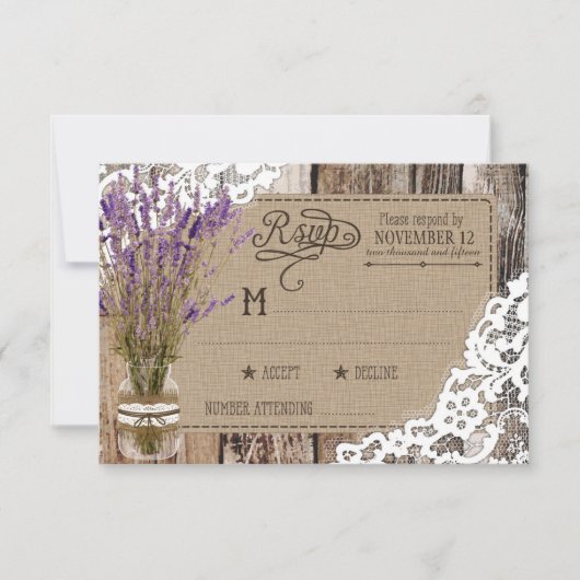 Lavender Wood Lace Rustic RSVP-kaart RSVP Kaartje (Voorkant)