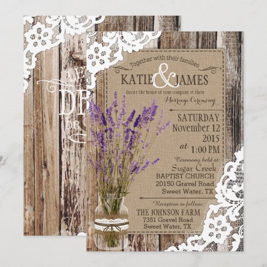 Lavender Wood Lace Rustic Wedding Kaart (Voorkant / Achterkant)